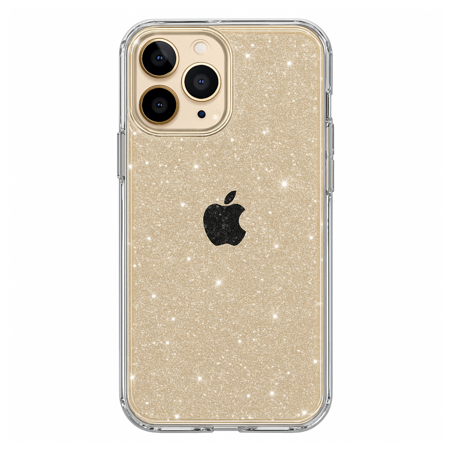 Clear heavy-duty iPhone case with golden glitter hard shell and shockproof bumper edges