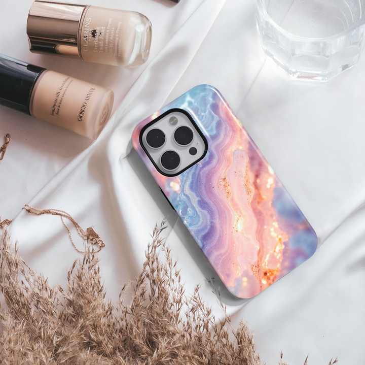 Pink and blue marble iPhone case with shimmer texture – compatible with iPhone 16 Pro, 15, 14 Plus, Galaxy S24 Ultra, MagSafe ready.