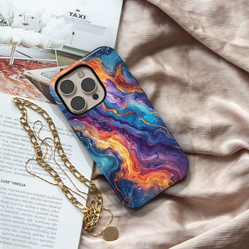 Colorful swirl abstract iPhone case with fiery orange, blue, purple, and galaxy-inspired details – compatible with iPhone 16, 15, 14 Pro, Plus, and MagSafe models.