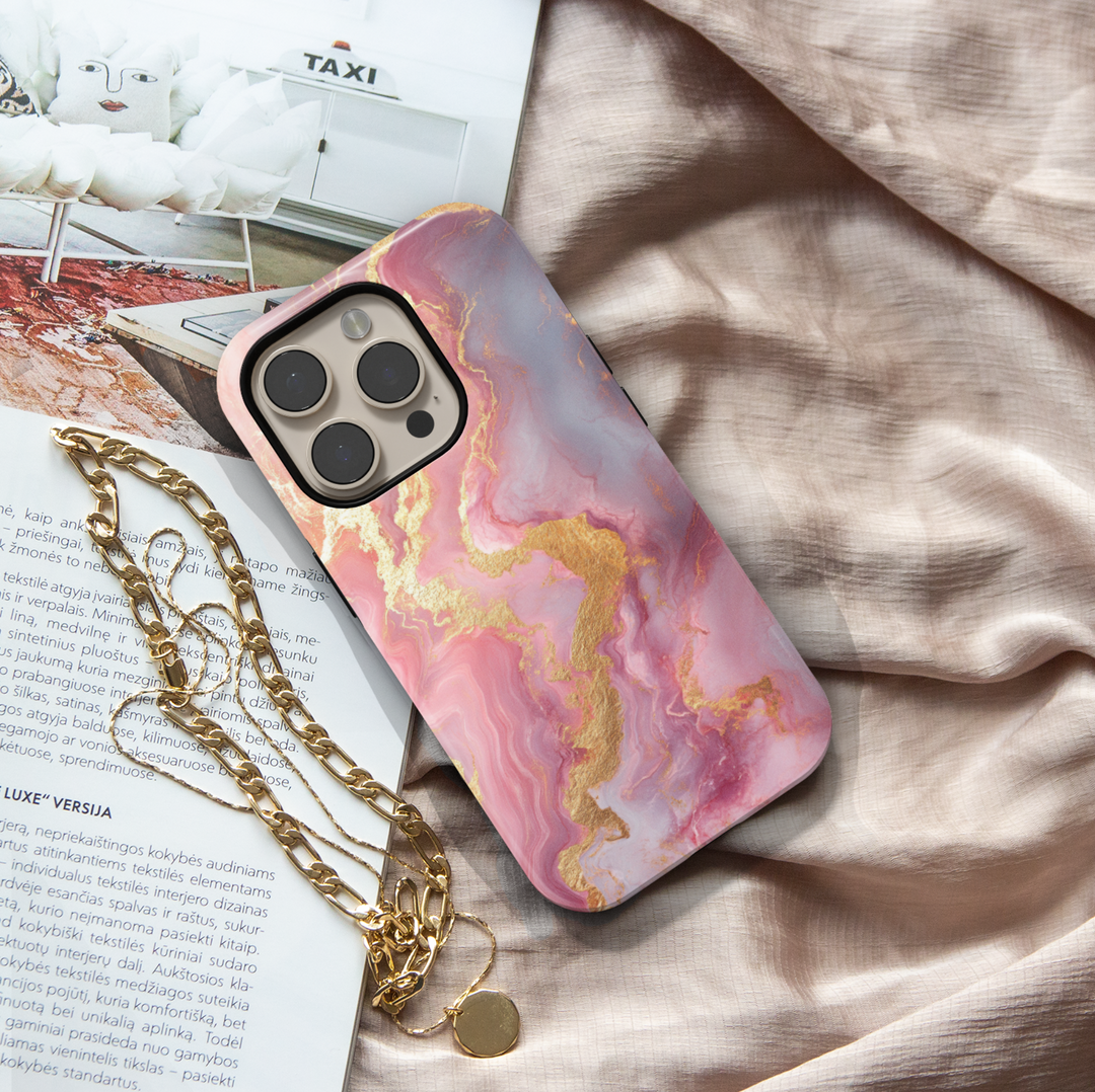 Blush pink marble iPhone 16 MagSafe case with gold shimmer veins – elegant, feminine, and protective phone cover for a chic look.