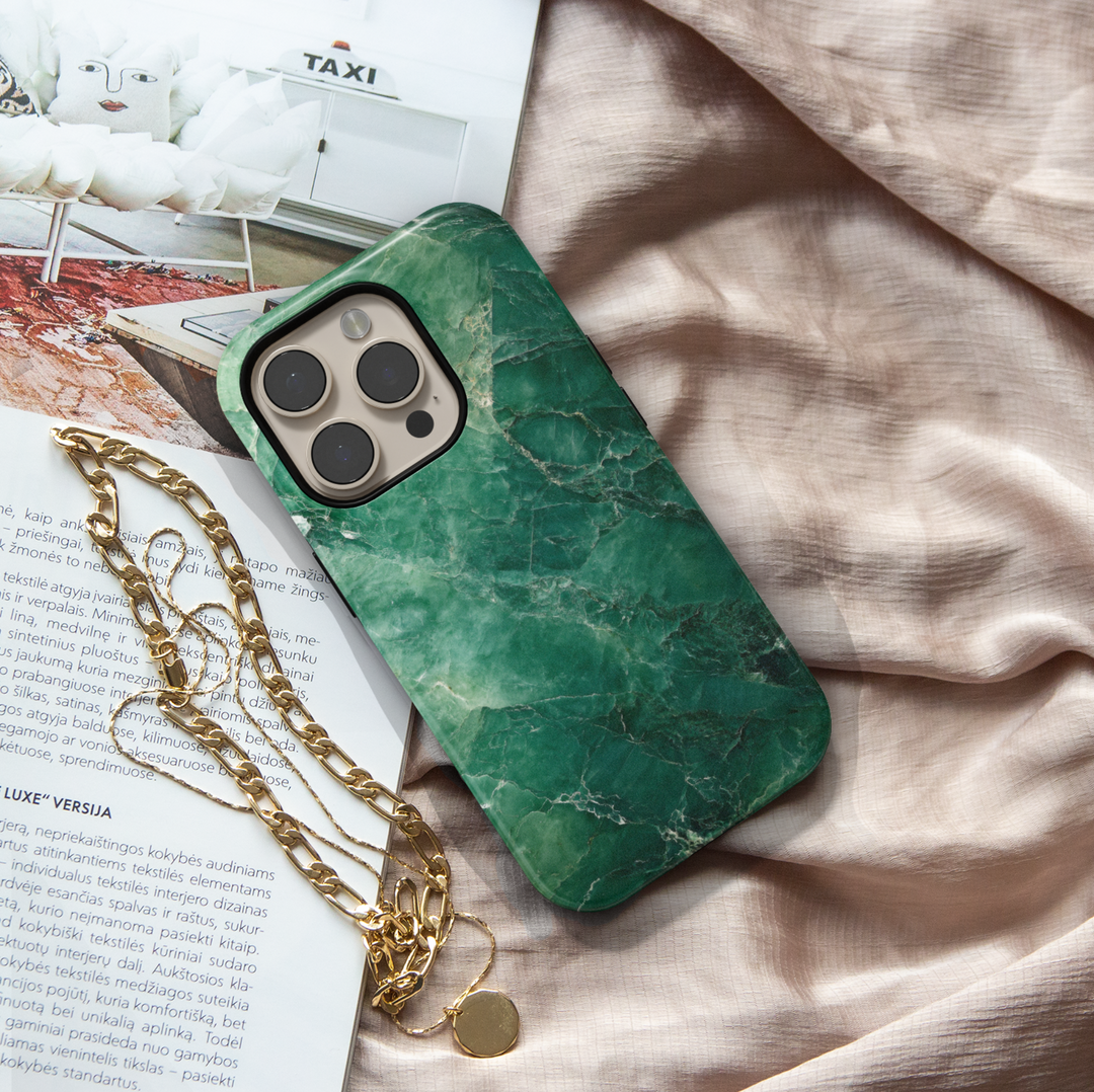 Emerald green marble iPhone 16 MagSafe case with natural stone texture and deep jade tones, elegant and protective phone cover.