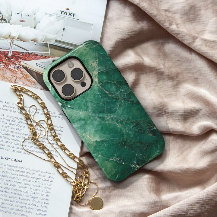 Emerald green marble iPhone 16 MagSafe case with natural stone texture and deep jade tones, elegant and protective phone cover.