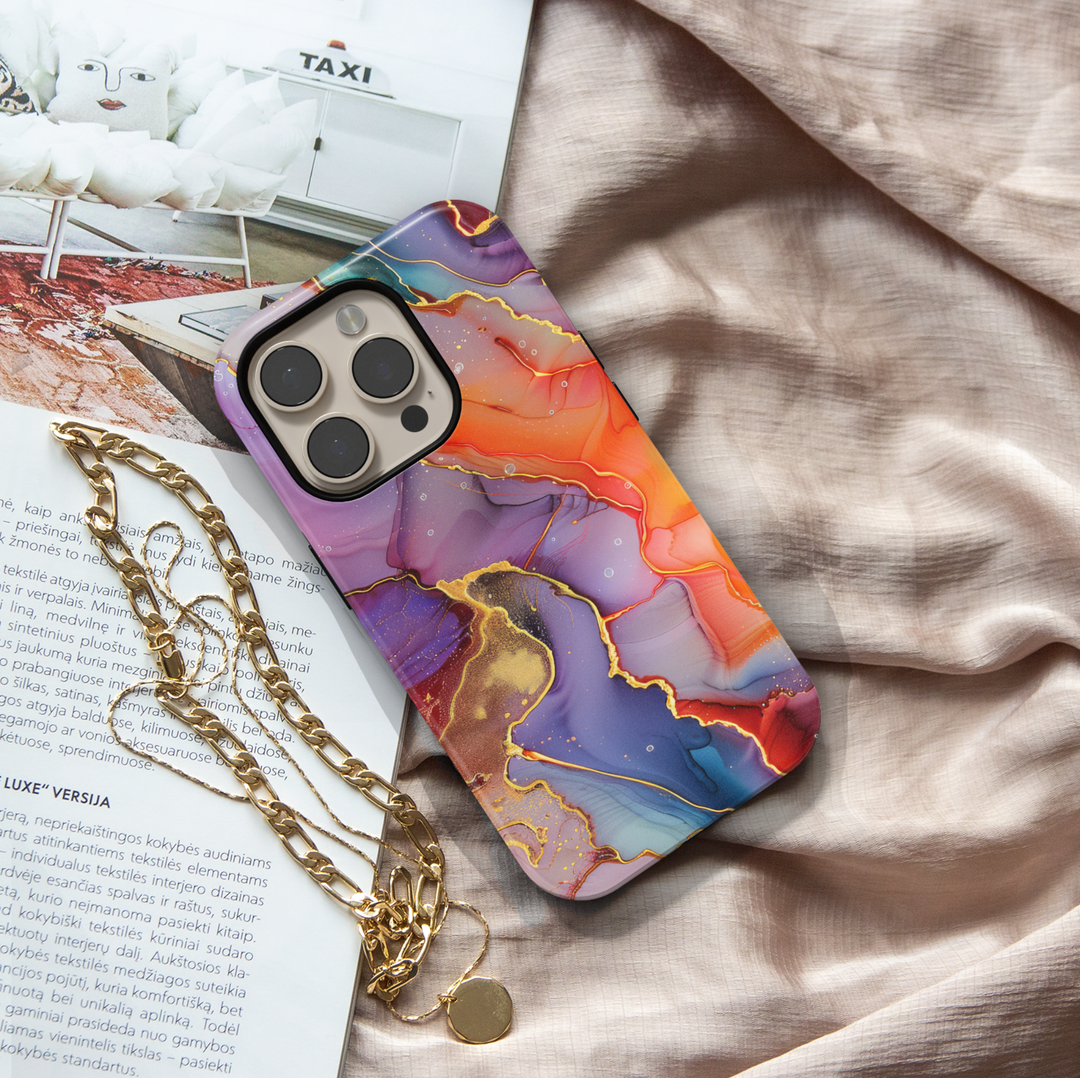 Bold abstract watercolor swirl phone case in orange, purple, teal, and gold – fits iPhone 16 Pro, Galaxy S24 Ultra, iPhone 15 Plus, MagSafe compatible.