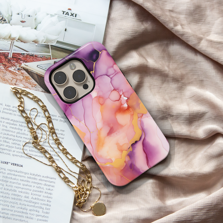 Vibrant pink, purple, and orange watercolor marble phone case – fits iPhone 16 Pro, 15 Plus, Galaxy S24 Ultra, MagSafe compatible.