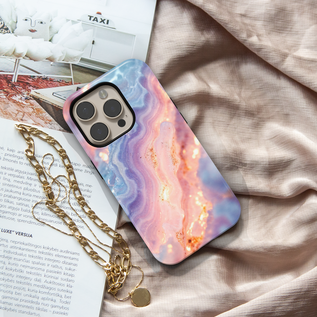 Pink and blue marble iPhone case with shimmer texture – compatible with iPhone 16 Pro, 15, 14 Plus, Galaxy S24 Ultra, MagSafe ready.