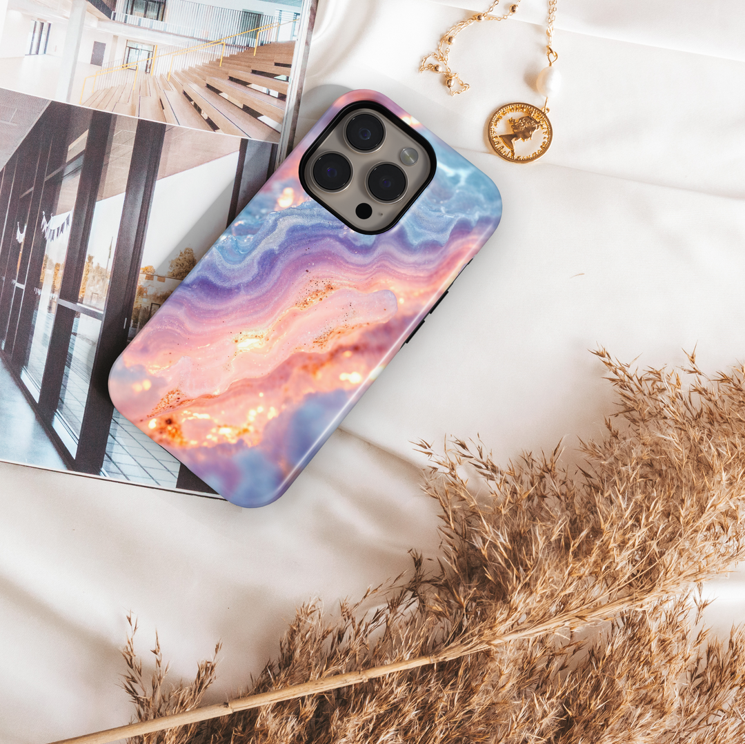 Pink and blue marble iPhone case with shimmer texture – compatible with iPhone 16 Pro, 15, 14 Plus, Galaxy S24 Ultra, MagSafe ready.