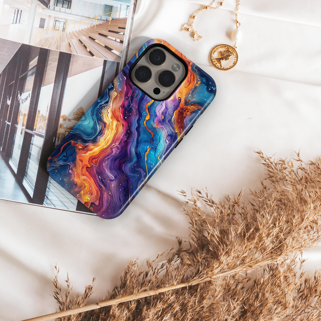Colorful swirl abstract iPhone case with fiery orange, blue, purple, and galaxy-inspired details – compatible with iPhone 16, 15, 14 Pro, Plus, and MagSafe models.