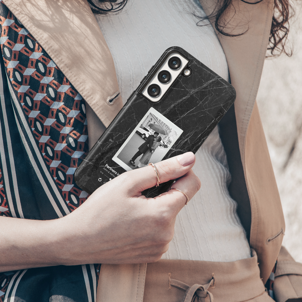 Personalized black marble Samsung Galaxy phone case with a custom photo and music player design. Available for Galaxy S25 Ultra, S24 FE, S23 & more.