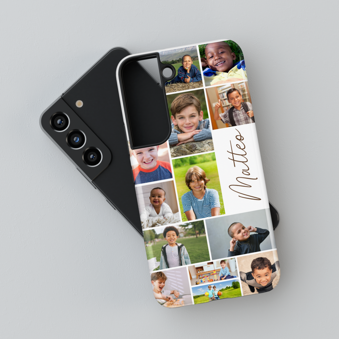 Custom photo collage Samsung Galaxy phone case with personalized name. Perfect for Galaxy S25 Ultra, S24 FE, S23, and more.