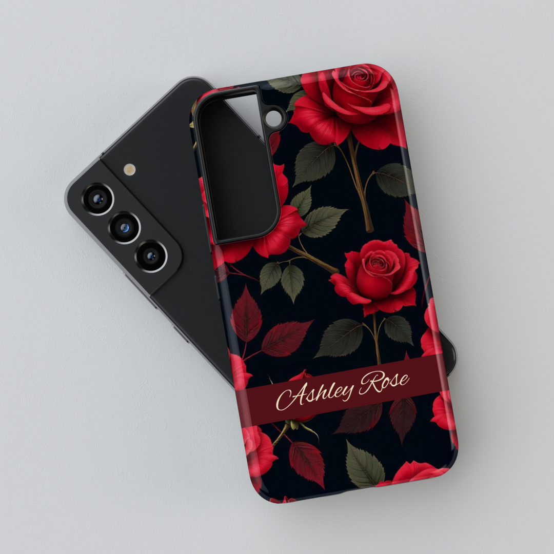 Elegant red rose floral phone case with dark background and personalized name strip