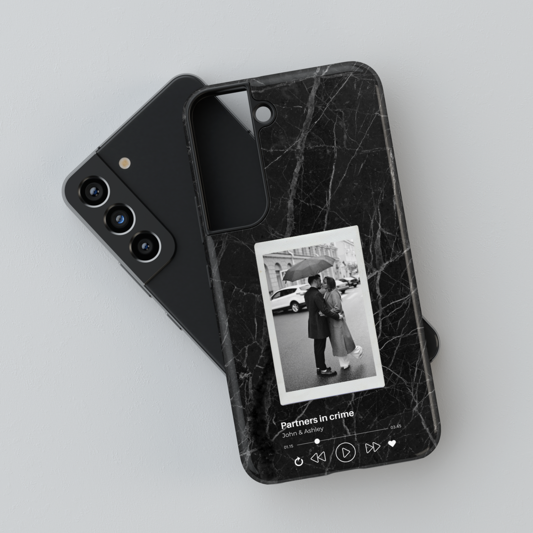 Personalized black marble Samsung Galaxy phone case with a custom photo and music player design. Available for Galaxy S25 Ultra, S24 FE, S23 & more.