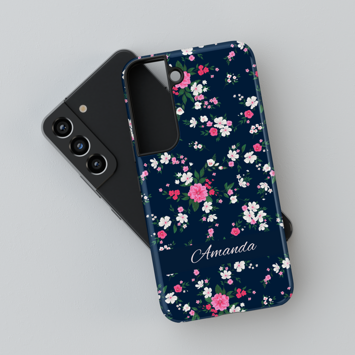 Custom navy floral phone case with small pink and white flowers, personalized name iPhone Samsung cover, spring botanical tough case