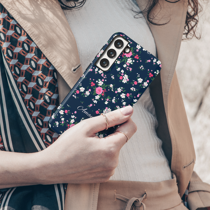 Custom navy floral phone case with small pink and white flowers, personalized name iPhone Samsung cover, spring botanical tough case