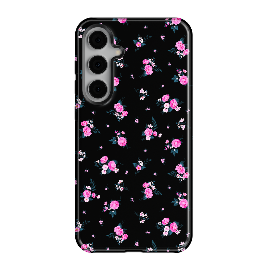This black floral Galaxy case features tiny pink blossoms scattered across a glossy finish — feminine with a bold twist. Fits Galaxy S24 Ultra, S24 Plus, and S23 FE. Trendy, protective, and pretty.