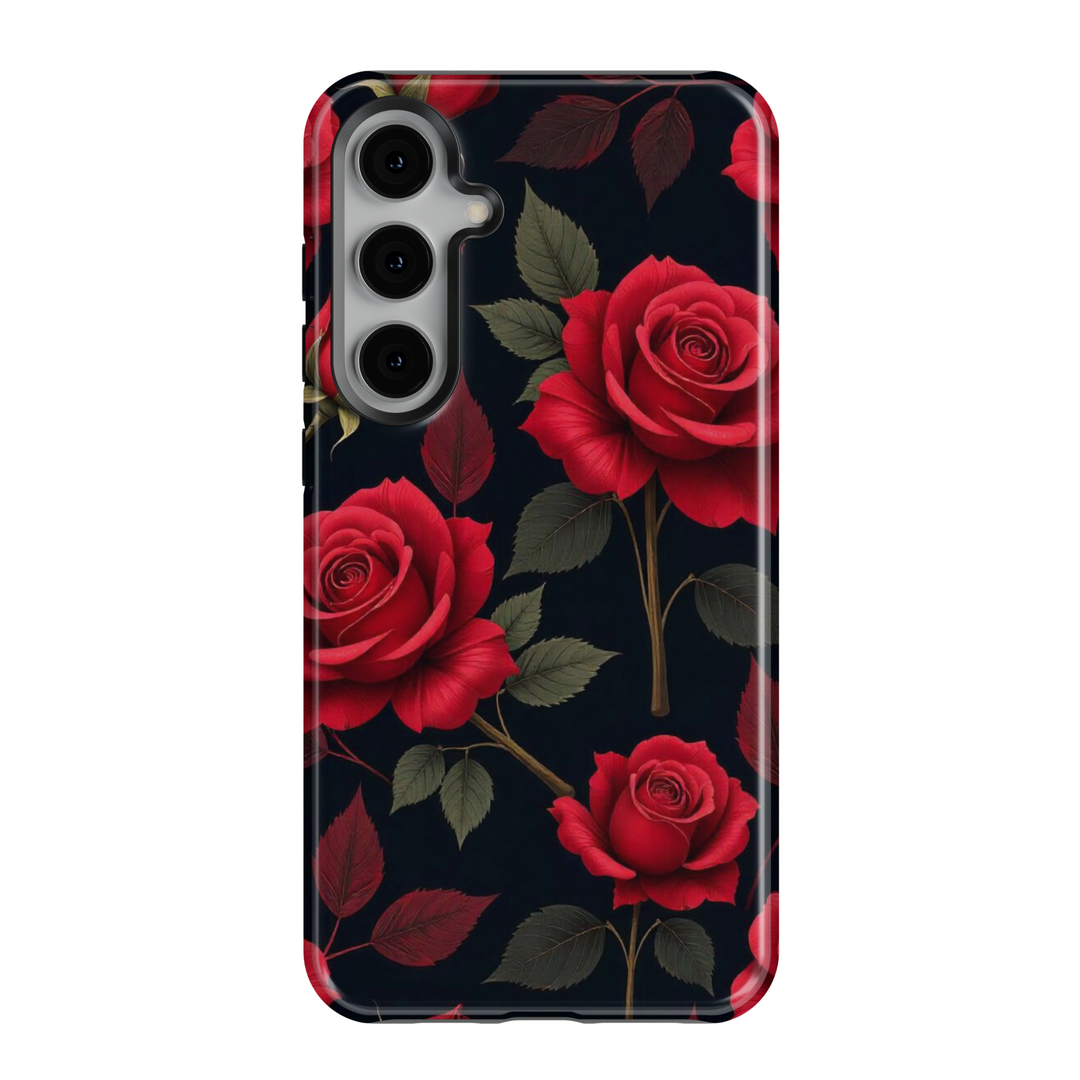 Black Samsung Galaxy case with red rose floral pattern – elegant romantic aesthetic phone cover for women
