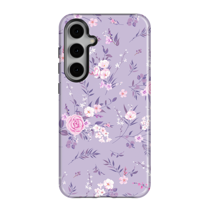 Pastel lavender Samsung Galaxy case with pink and white floral print – romantic aesthetic protective phone cover for women