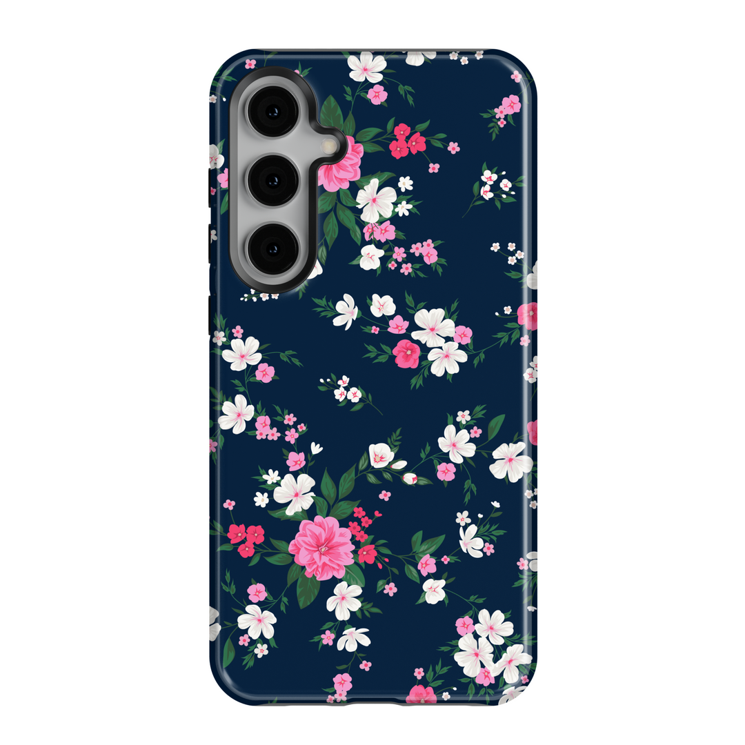Navy blue Samsung Galaxy case with pink and white floral design – elegant and feminine aesthetic protective phone cover