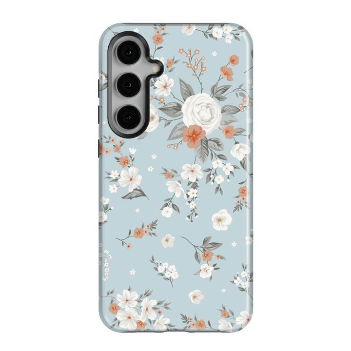Light blue Samsung Galaxy case with white and peach floral print – soft romantic vintage-inspired aesthetic protective phone cover