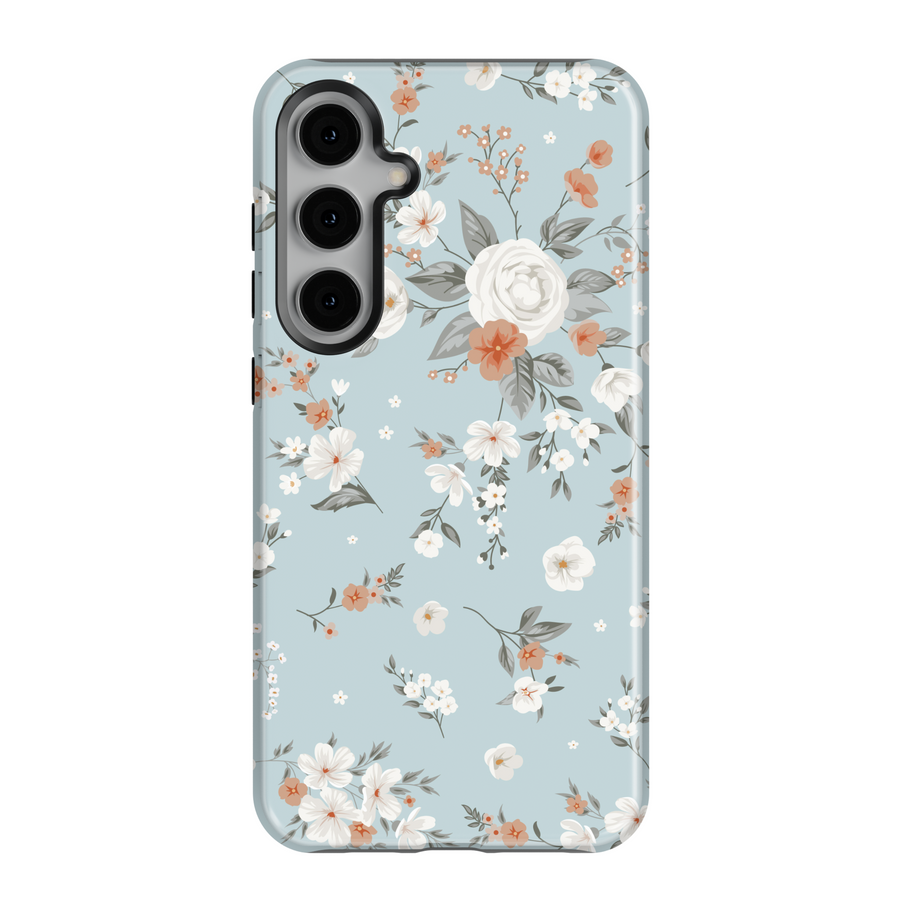 Light blue Samsung Galaxy case with white and peach floral print – soft romantic vintage-inspired aesthetic protective phone cover