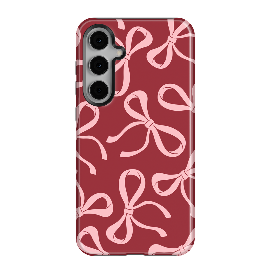Red Samsung Galaxy case with large pink bow pattern – bold coquette aesthetic phone cover for women, glossy and protective