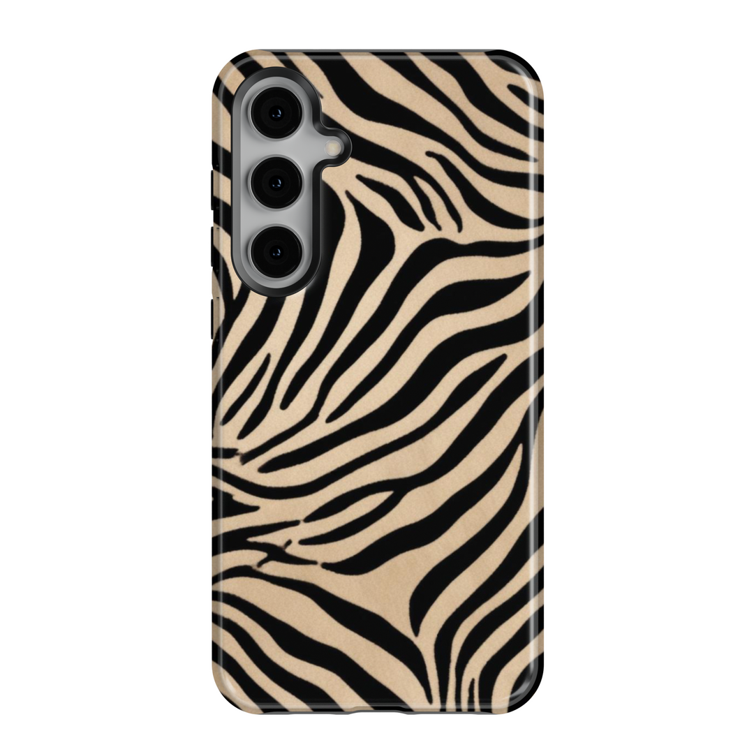 Trendy beige and black zebra print Samsung Galaxy phone case – bold animal pattern protective cover for women with a stylish safari aesthetic