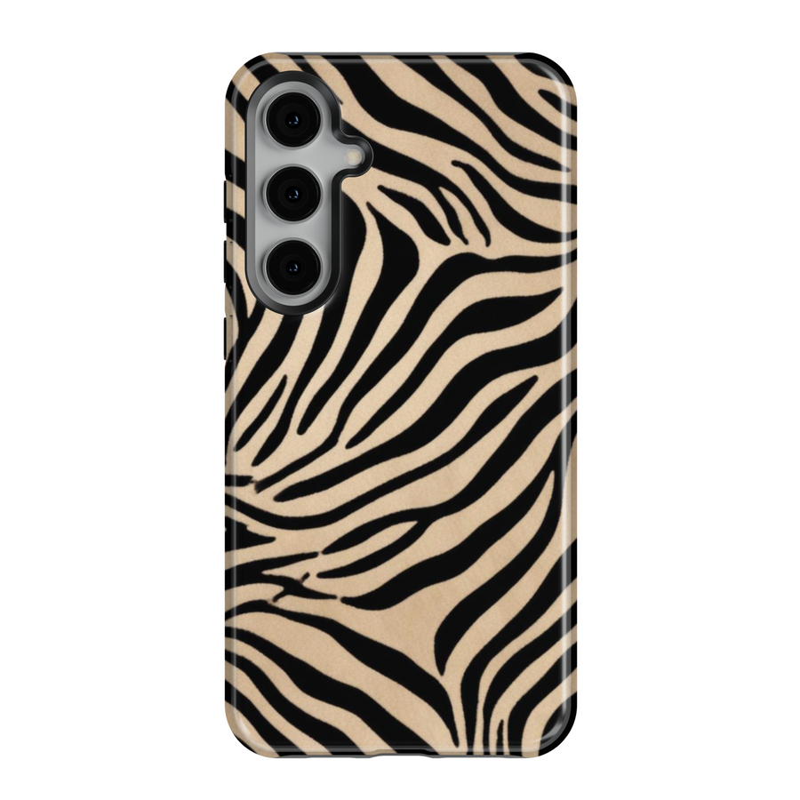 Trendy beige and black zebra print Samsung Galaxy phone case – bold animal pattern protective cover for women with a stylish safari aesthetic