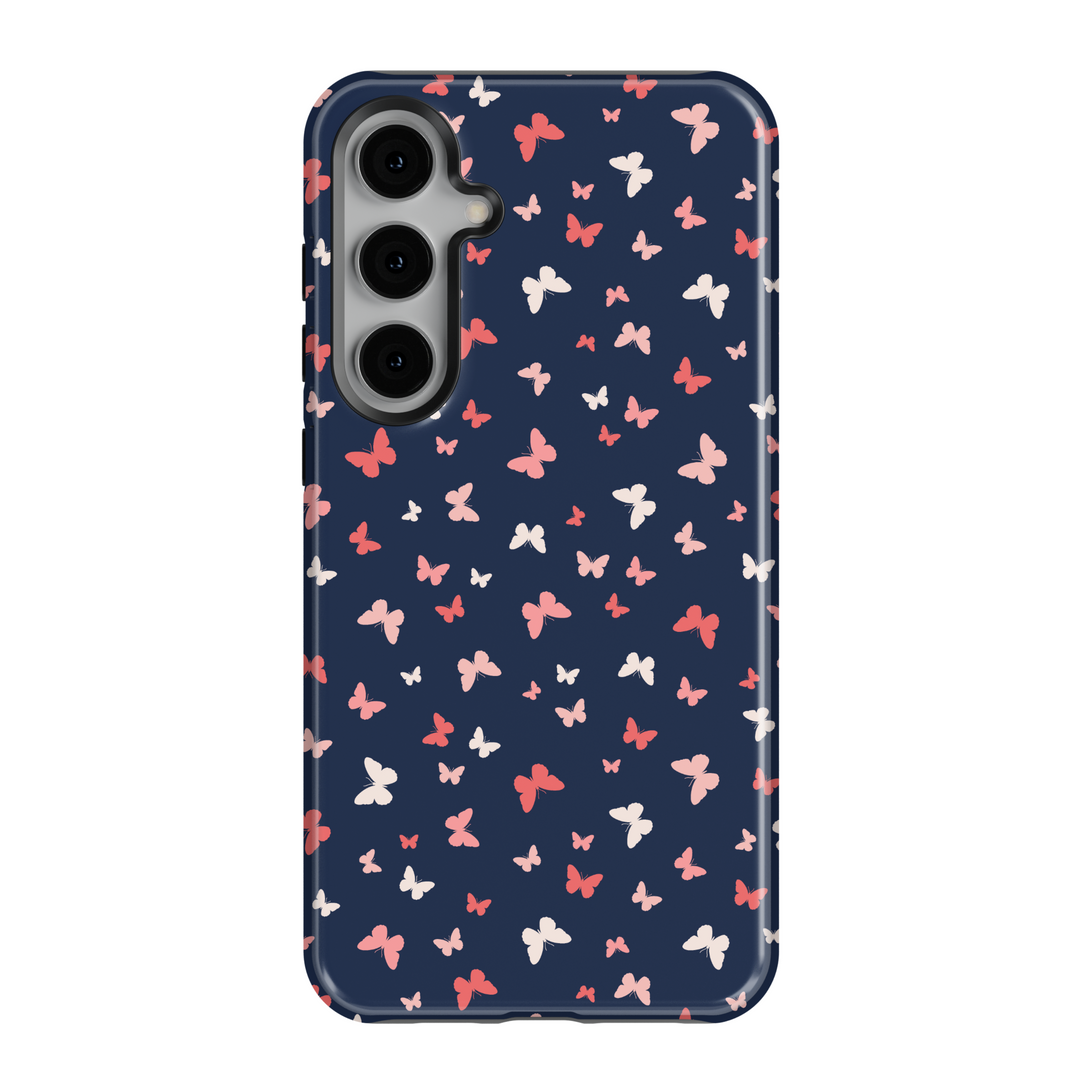 Cute navy blue Samsung Galaxy case with pink and white butterfly pattern – girly and aesthetic protective cover for women