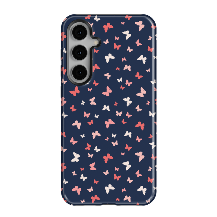 Cute navy blue Samsung Galaxy case with pink and white butterfly pattern – girly and aesthetic protective cover for women
