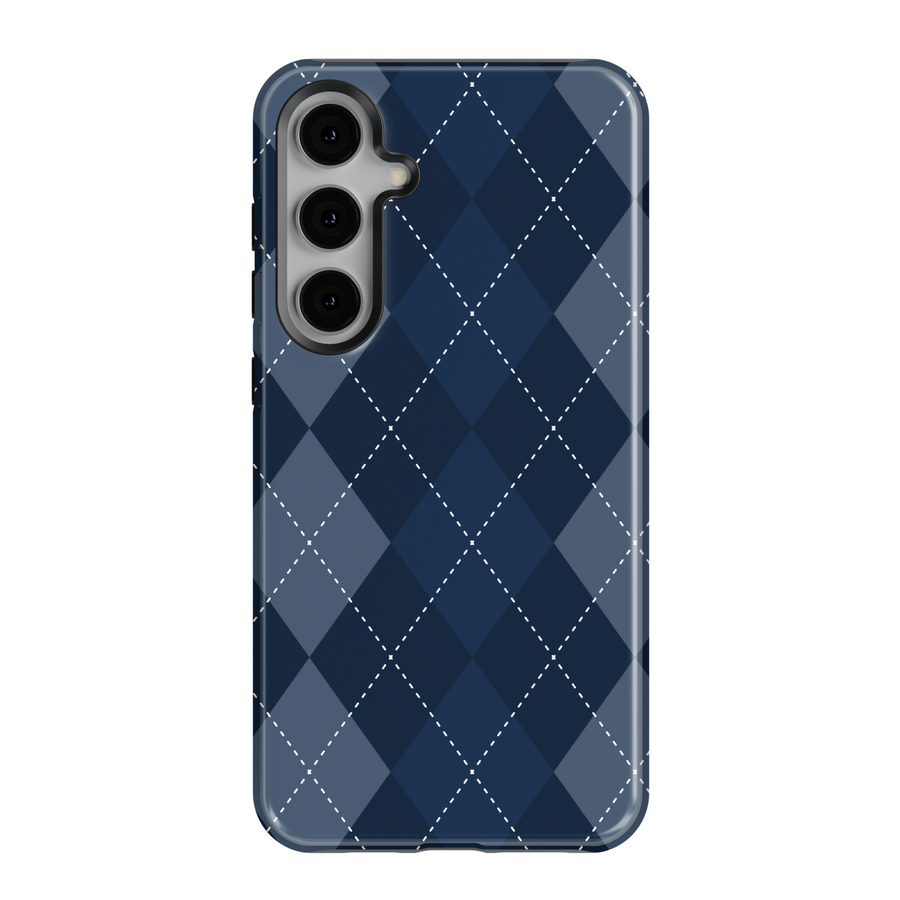Preppy navy blue argyle Samsung Galaxy phone case – glossy classic check design for stylish women, protective and aesthetic