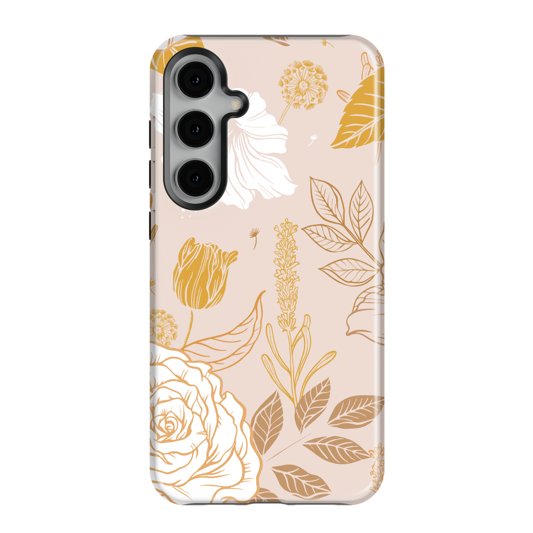 Chic floral Samsung Galaxy case with nude background and golden rose design – feminine aesthetic protective phone cover for women