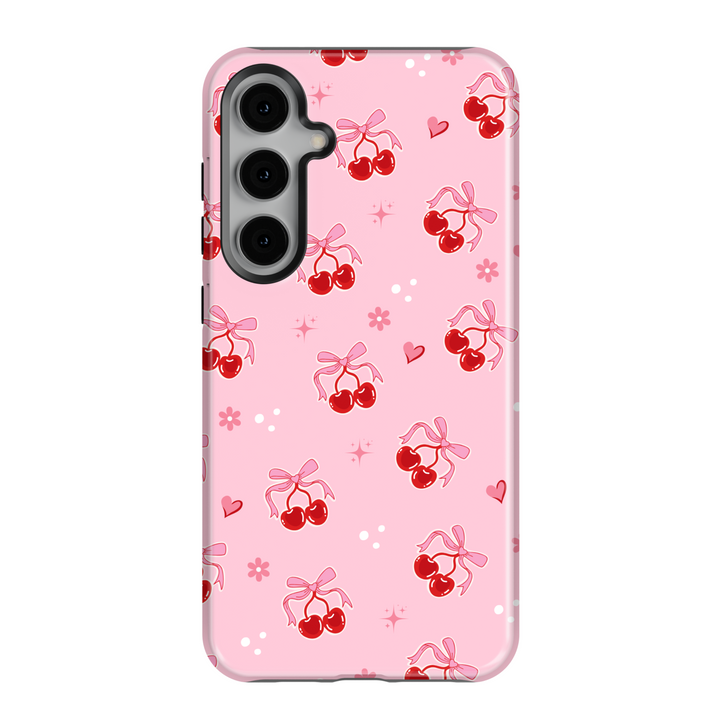 Coquette pink Samsung Galaxy case with red cherries, heart bows, and floral accents – cute girly aesthetic protective phone cover