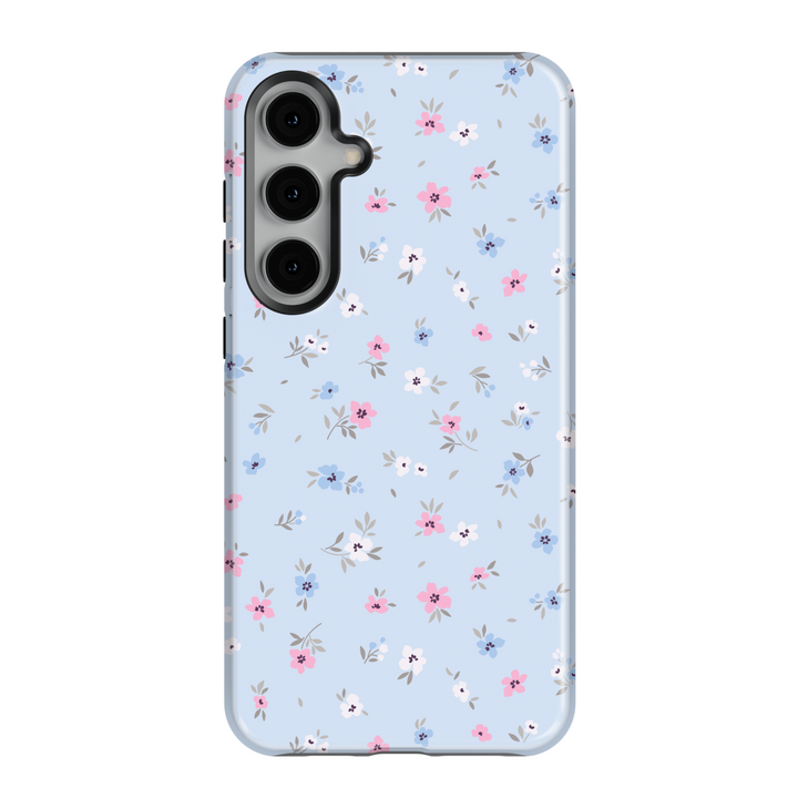 Pastel blue floral Galaxy case with small pink, blue, and white flowers – cute spring phone cover for women