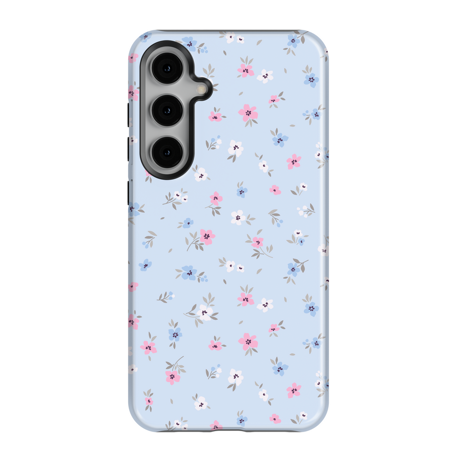 Pastel blue floral Galaxy case with small pink, blue, and white flowers – cute spring phone cover for women
