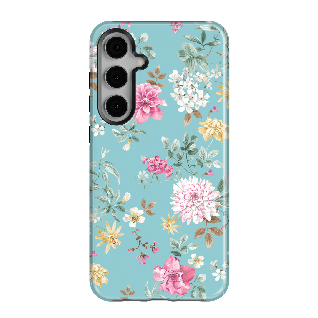Aqua blue Samsung Galaxy case with multicolor vintage floral pattern – chic botanical protective phone cover for women