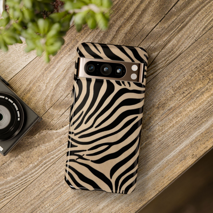 Zebra stripe Google Pixel phone case in beige and black for Pixel 8, Pixel 8 Pro, Pixel 9 Pro XL – chic aesthetic tough cover for women