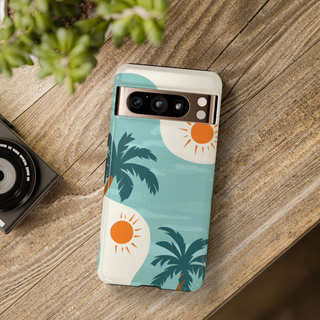Phone case with teal blue background, retro orange suns, and dark green palm trees – tropical beach vibe for Google Pixel