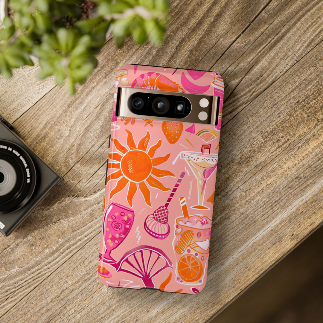 Peachy pink phone case with illustrated summer drinks, orange sun, strawberries, cocktail glasses, and beachy details – tropical vibe cover for Google Pixel