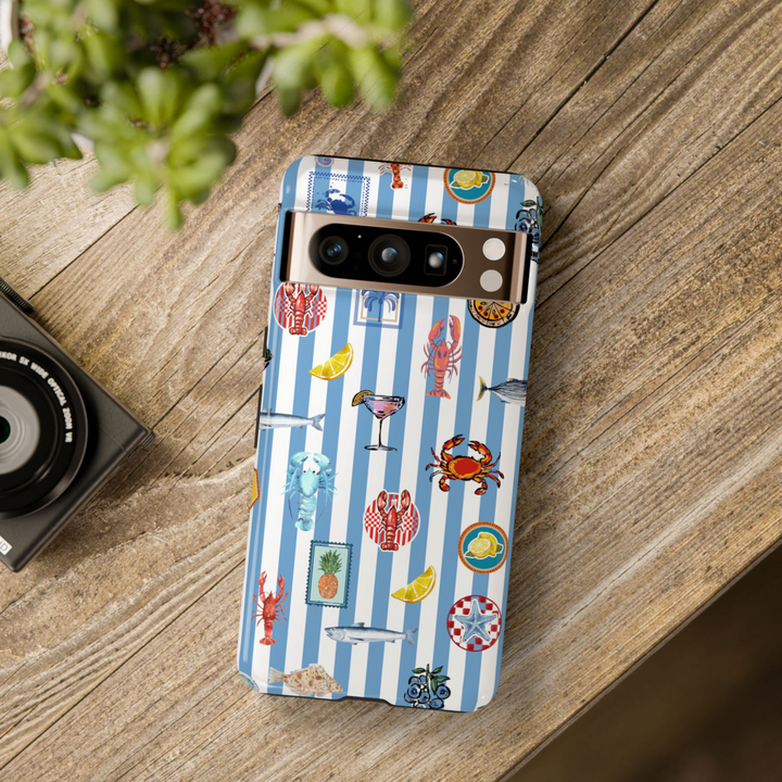 Nautical summer-themed Google Pixel case with lobsters, cocktails, and blue striped background