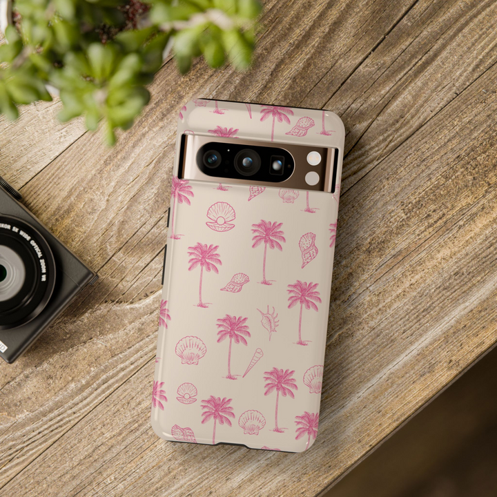 Neutral tan phone case with soft pink palm trees and seashell illustrations – summer beach aesthetic for Google Pixel 8, 8 Pro, 9 Pro XL