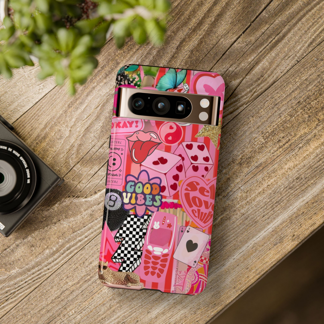 Y2K pink and red Google Pixel case with retro stickers including dice, vintage phone, hearts, and good vibes text – protective cover for Pixel 8, 8 Pro, and 9 Pro XL