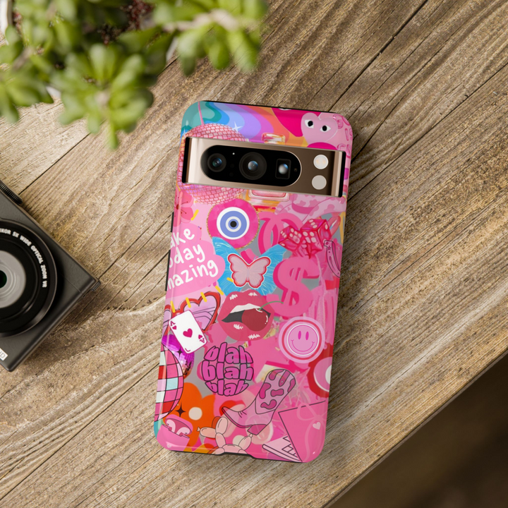 Y2K aesthetic Google Pixel case with pink collage of retro stickers, butterflies, disco balls, cowboy boots, and smiley faces – tough cover for Pixel 8, 8 Pro, and Pixel 9 Pro XL