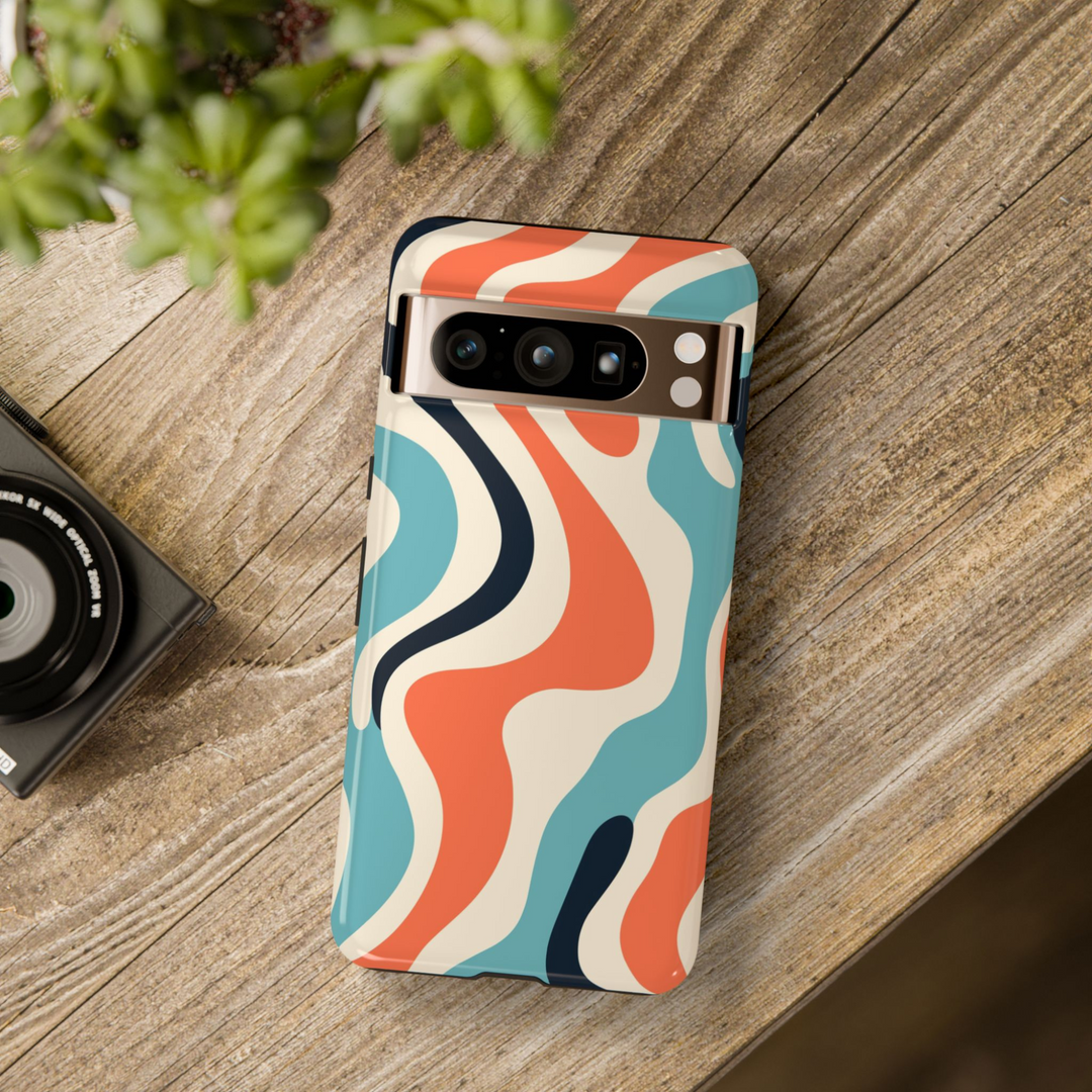 Google Pixel phone case with retro wavy lines in blue, coral, cream and navy – abstract tough case for Pixel 8, 8 Pro, and Pixel 9 Pro XL