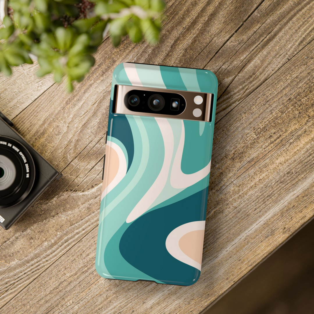 Teal, mint, and cream abstract ocean wave pattern on Google Pixel tough case – fits Pixel 8, 8 Pro, and Pixel 9 Pro XL