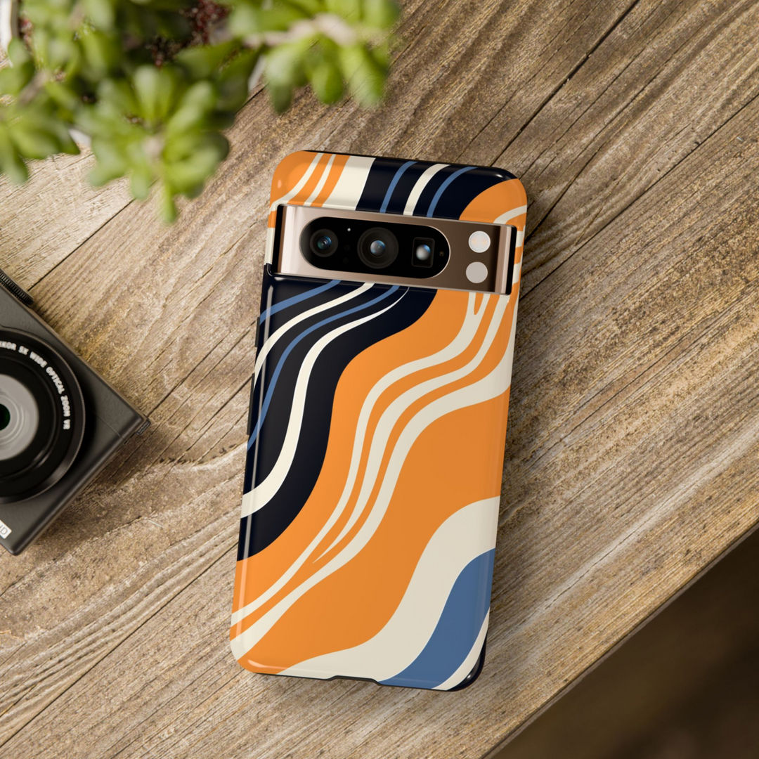 Orange, navy, and cream wavy stripe abstract pattern on Google Pixel tough case – fits Pixel 8, 8 Pro, Pixel 9 Pro XL