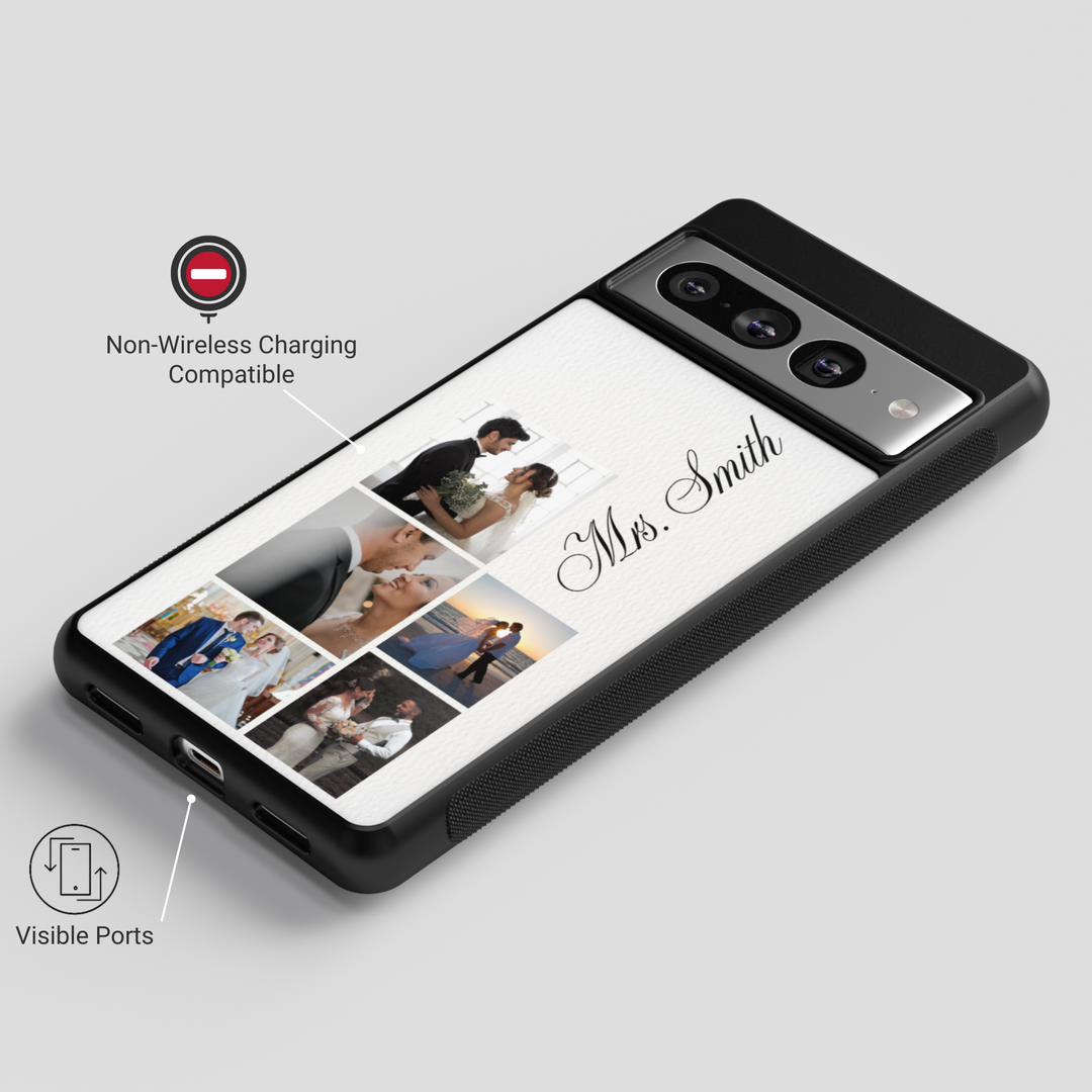 Custom Wedding Photo Collage Phone Case for Google Pixel 9 Pro XL, Pixel 9, Pixel 9 Pro, Pixel 8 Pro, Pixel 8a, Pixel 8 – Personalized Leather Texture Case with Name