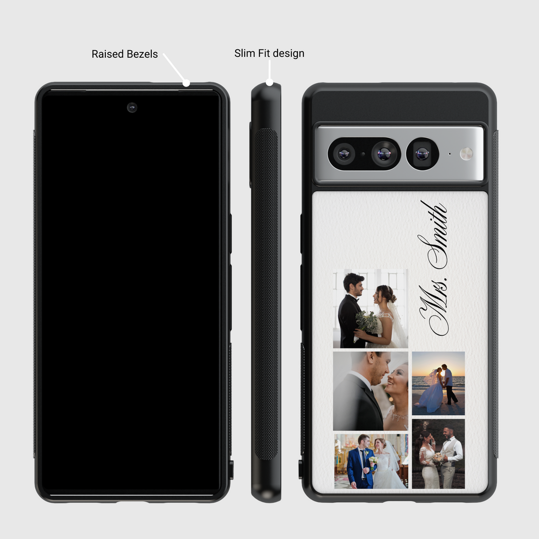 Custom Wedding Photo Collage Phone Case for Google Pixel 9 Pro XL, Pixel 9, Pixel 9 Pro, Pixel 8 Pro, Pixel 8a, Pixel 8 – Personalized Leather Texture Case with Name
