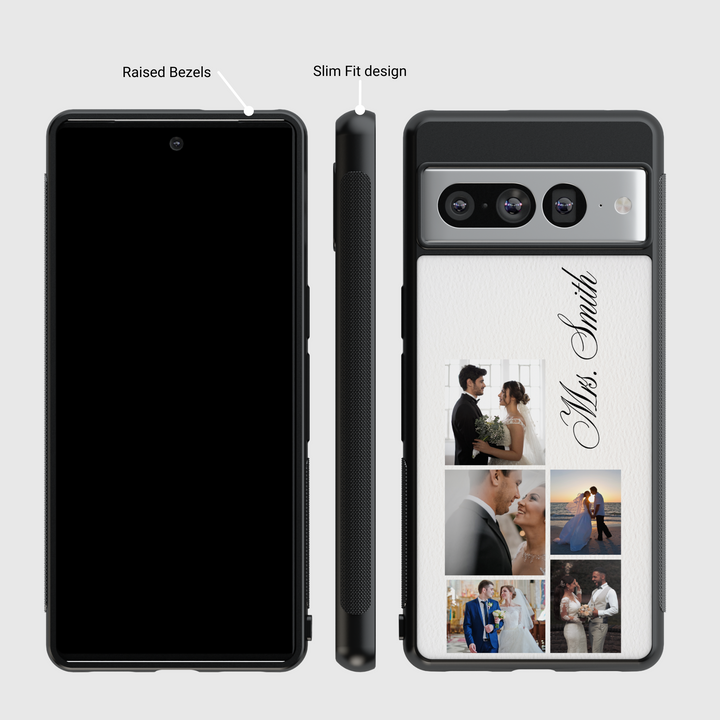 Custom Wedding Photo Collage Phone Case for Google Pixel 9 Pro XL, Pixel 9, Pixel 9 Pro, Pixel 8 Pro, Pixel 8a, Pixel 8 – Personalized Leather Texture Case with Name