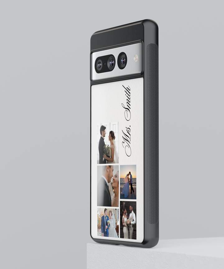 Custom Wedding Photo Collage Phone Case for Google Pixel 9 Pro XL, Pixel 9, Pixel 9 Pro, Pixel 8 Pro, Pixel 8a, Pixel 8 – Personalized Leather Texture Case with Name