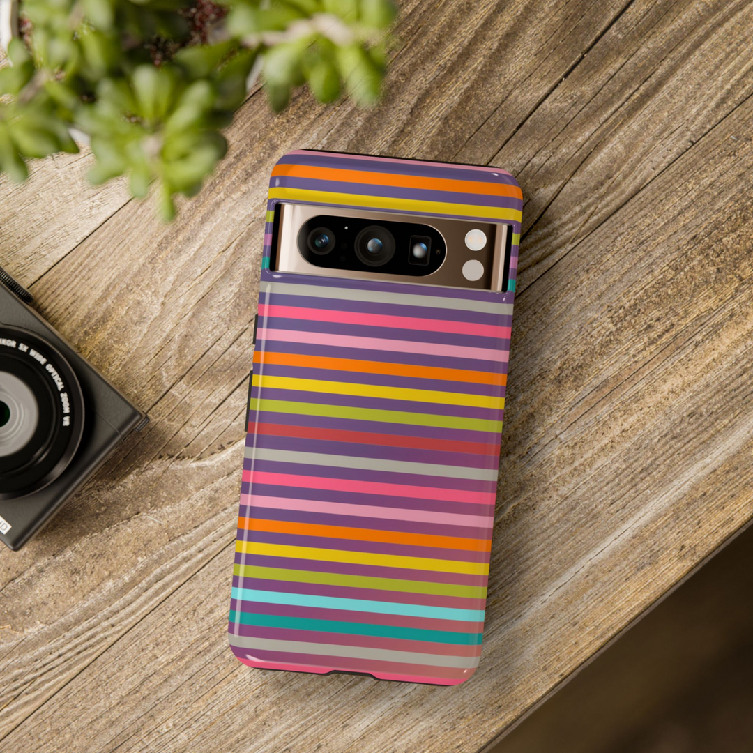 Google Pixel case with vibrant rainbow-colored horizontal stripes – bold colorful phone case design