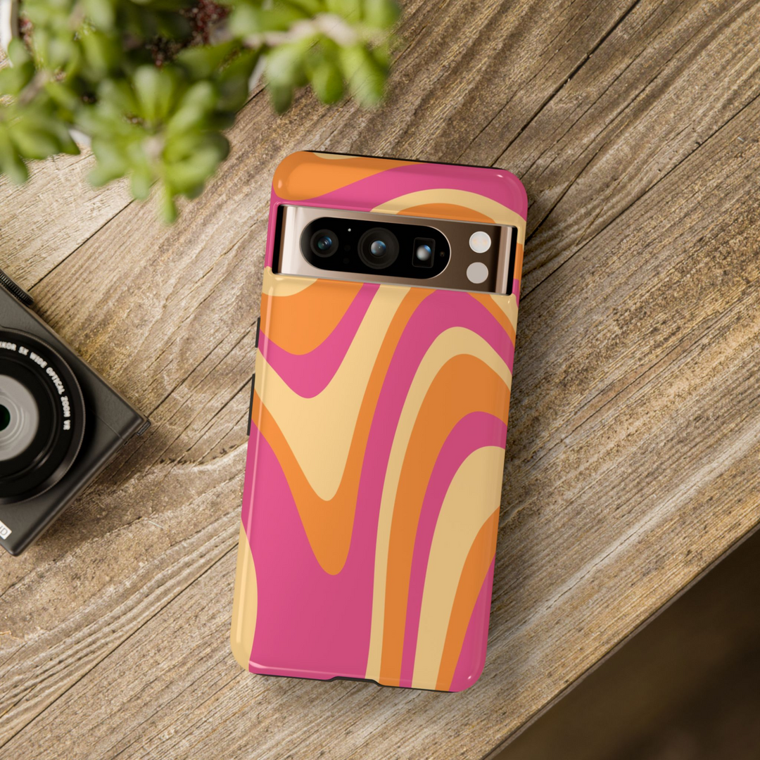 Bold orange and pink abstract swirl tough phone case for Google Pixel 8, Pixel 8 Pro, and Pixel 9 Pro XL with groovy wave design